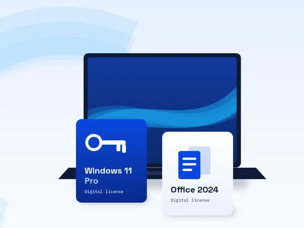 Illustration of a laptop with Windows 11 Pro and Office 2024 digital licence cards